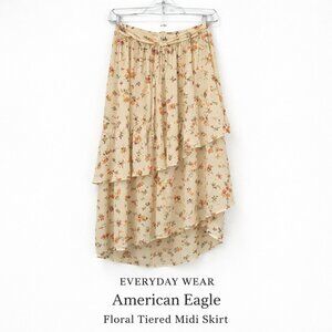 NWOT American Eagle Cream Floral Tiered Ruffle Midi Skirt Tie Waist Sz S